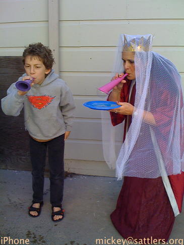 Purim: Yaffa & Isaac blow bubbles