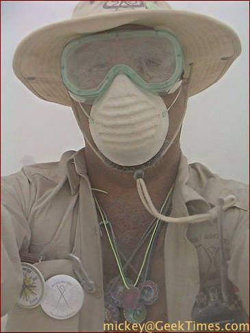 Ranger Mickey in dust storm, Black Rock City, 2002