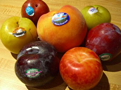 fresh plums and a peach